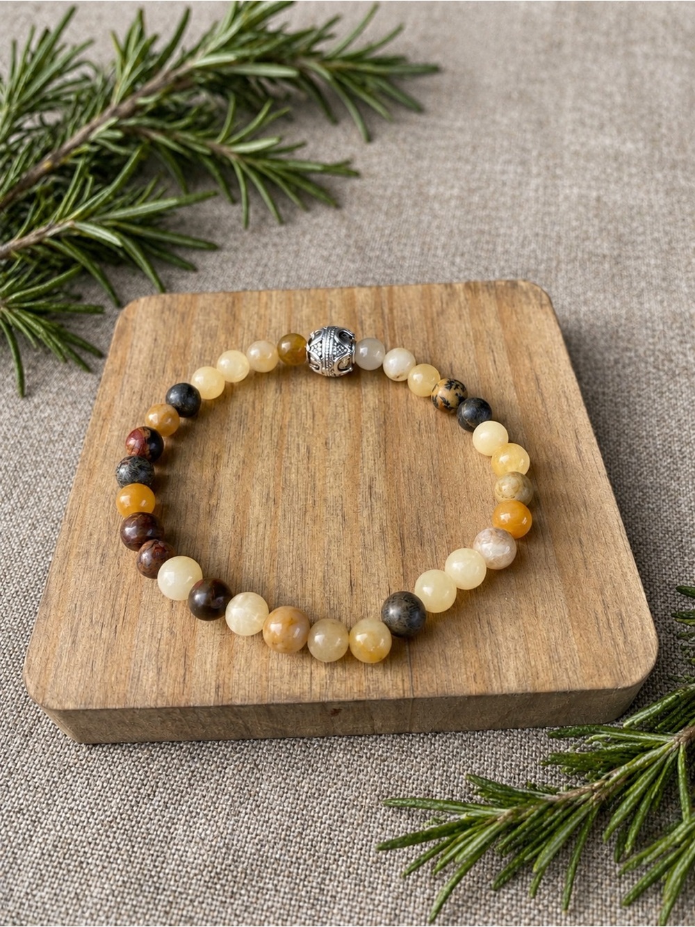 Bali Bead & Stone Stretch Bracelet - Yellow & Brown